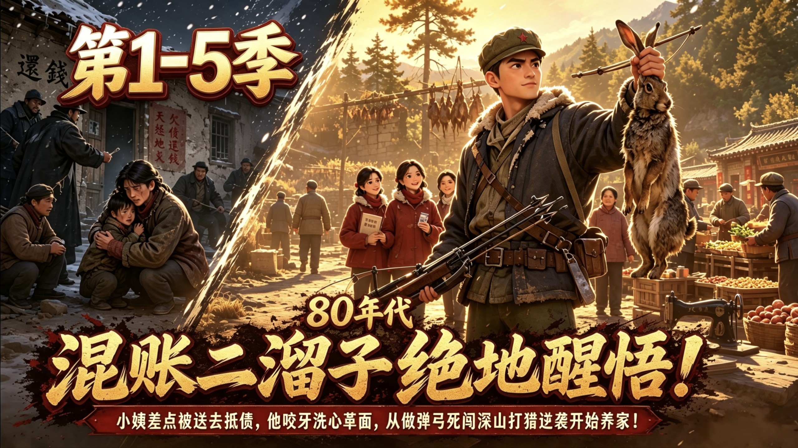 一口气爽看，1-5季，重生80年，混账绝地醒悟！小姨差点被送去抵债，他咬牙洗心革面，从做弹弓死闯深山打猎逆袭开始养家！硬派护妻手撕地痞村霸，带全村开荒致富！
