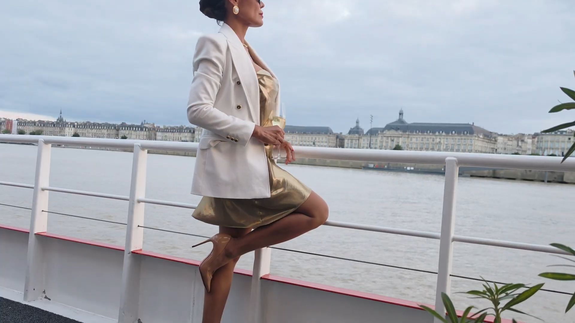 Sheer Stockings on an Evening Cruise   Champagne, Satin &amp; City Lights