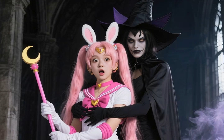 【附身黑化×AI短视频】美少女战士小小兔被邪恶魔女强行附身，黑化变身为黑暗小小兔！