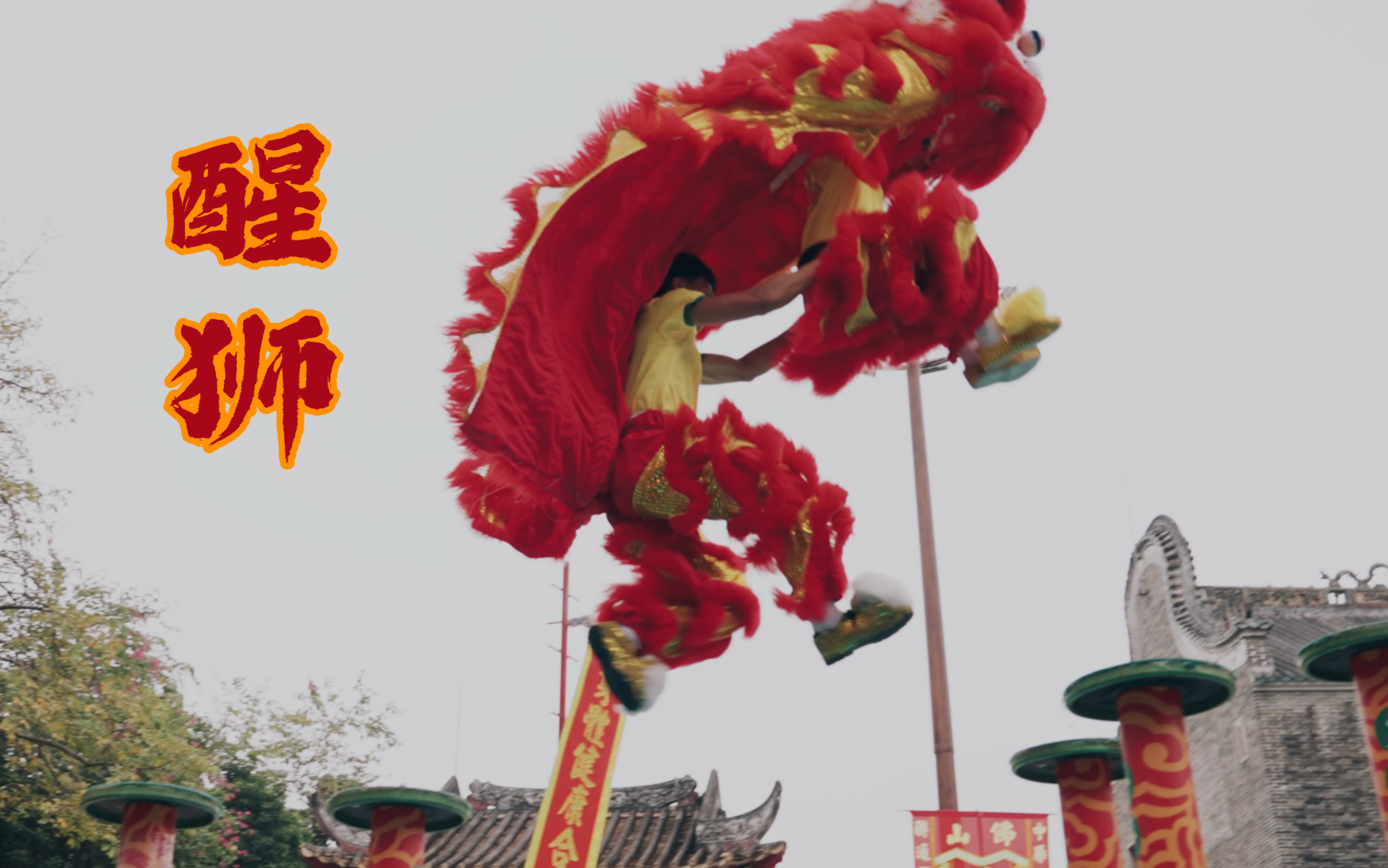 佛山黄飞鸿醒狮队舞狮表演，非物质文化遗产的传承。