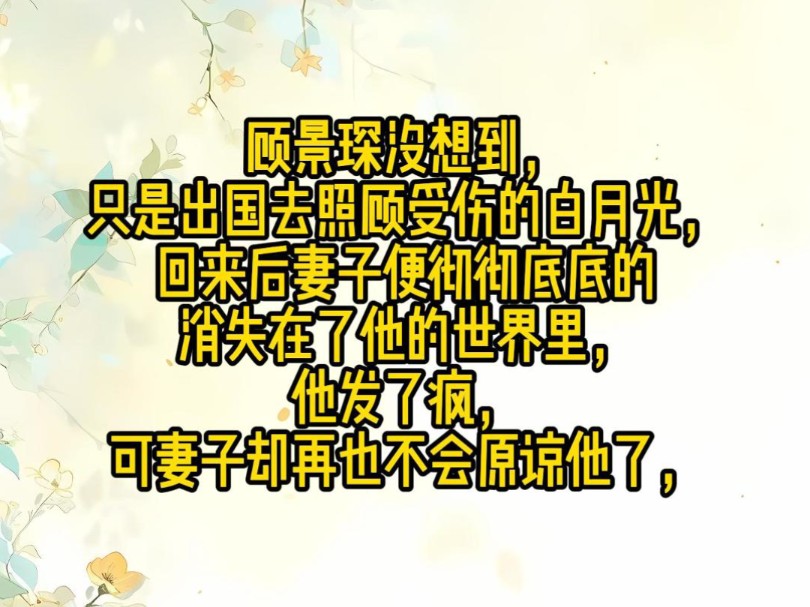 顾景琛没想到，只是出国去照顾受伤的白月光，回来后妻子便彻彻底底的消失在了他的世界里，他发了疯，可妻子却再也不会原谅他了