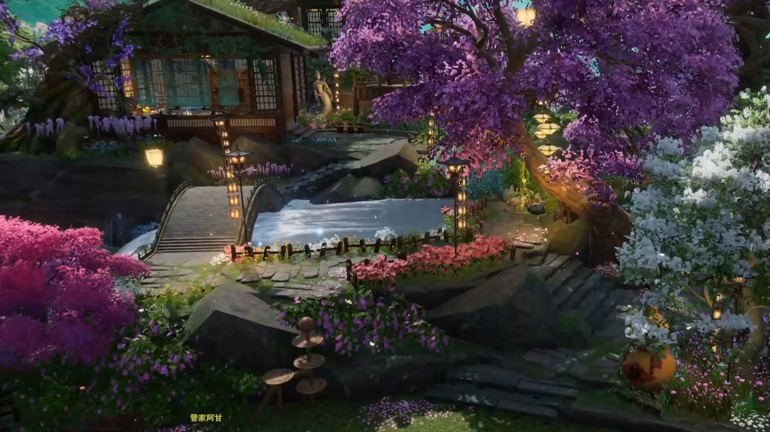 剑网三|家园蓝图|花涧药寮|花繁覆碧涧， 药圃绕寮前。 晨露滋仙草， 余晖映药笺 。