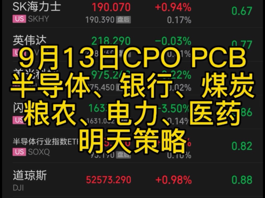 9月13日CPO、PCB、半导体、存储、银行、煤炭、粮食、电力、医药明天策略