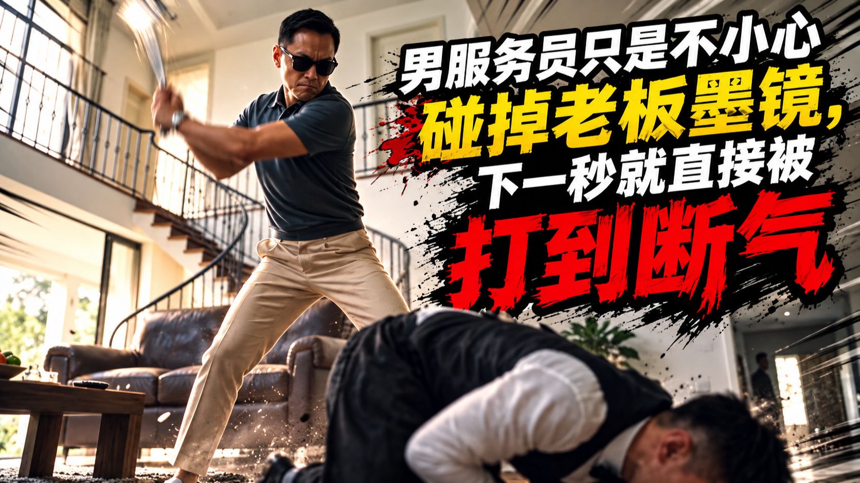 男服务员只是不小心碰掉老板墨镜，下一秒就直接被打到断气